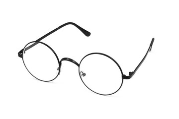 Black round eyeglasses isolated on white.