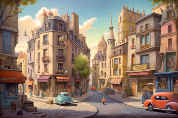 Fototapeta na wymiar Abstract illustration of a Paris city, France, cartoon style. Ai generative