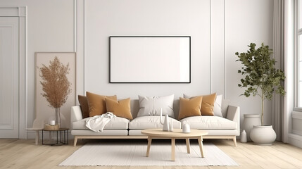 Mockup frame in Scandinavian farmhouse living room interior. Generative Ai