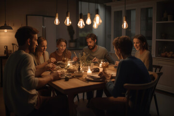 A family gathered around a table sharing a meal. Generative AI - obrazy, fototapety, plakaty