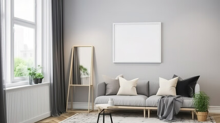 Fototapeta na wymiar Mockup frame in Scandinavian farmhouse living room interior. Generative Ai