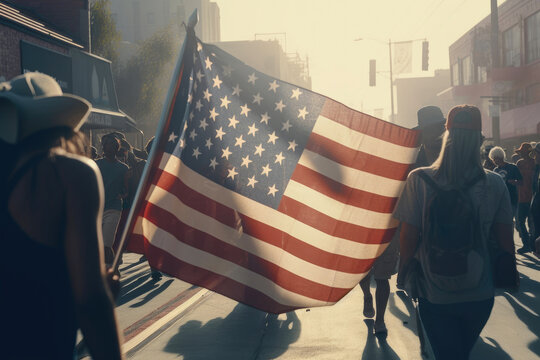 People cheering with american flag in the street. Generative AI