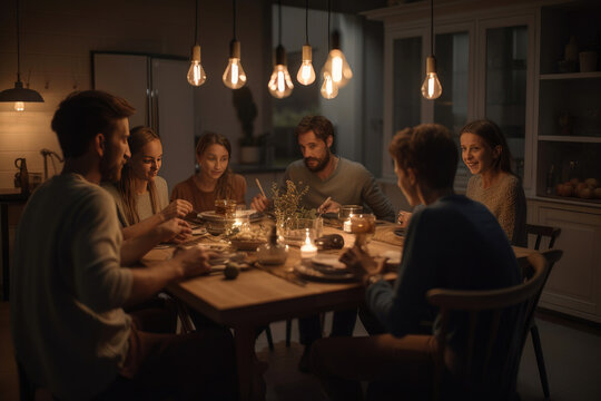 A family gathered around a table sharing a meal. Generative AI