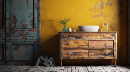 Old commode in rustic interior, wall mockup, 3d render. Generative Ai