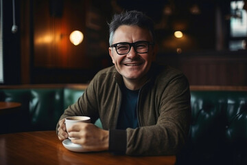 A portrait of a middle-aged man in glasses and a friendly smile, holding a cup of coffee, sitting at cozy restoraunt. Generative AI