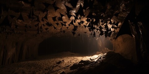A group of bats hanging upside down inside a dark cave, concept of Echolocation, created with Generative AI technology