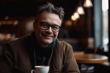 Fototapeta na wymiar A portrait of a middle-aged man in glasses and a friendly smile, holding a cup of coffee, sitting at cozy restoraunt. Generative AI