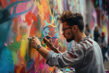 Street artist working on mural. Generative AI - obrazy, fototapety, plakaty