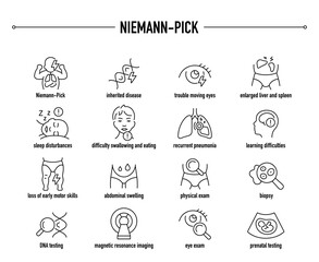 Niemann-Pick symptoms, diagnostic and treatment vector icon set. Line editable medical icons.