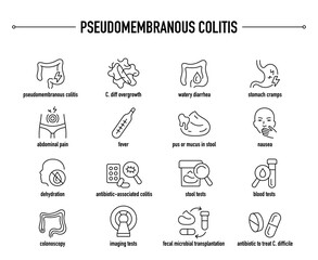 Pseudomembranous Colitis symptoms, diagnostic and treatment vector icon set. Line editable medical icons.