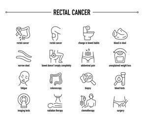 Rectal Cancer symptoms, diagnostic and treatment vector icon set. Line editable medical icons.
