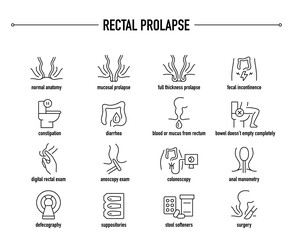 Rectal Prolapse symptoms, diagnostic and treatment vector icon set. Line editable medical icons. - obrazy, fototapety, plakaty