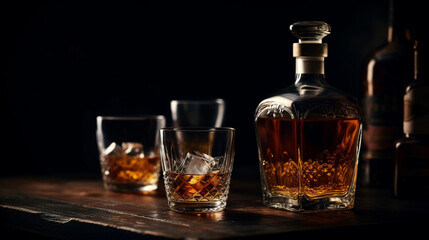 Fototapeta na wymiar Glasses of whiskey on a wooden table. Generative Ai