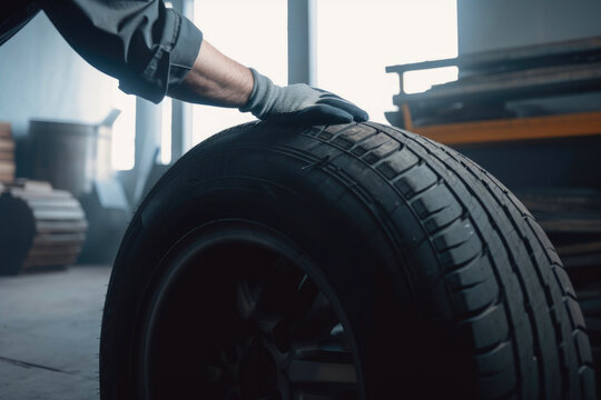Male mechanic hold and rolling tire at repairing service garage background. Generative AI