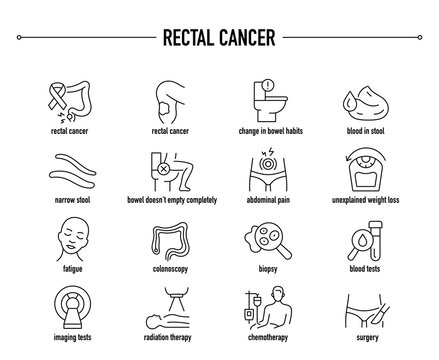 Rectal Cancer symptoms, diagnostic and treatment vector icon set. Line editable medical icons.