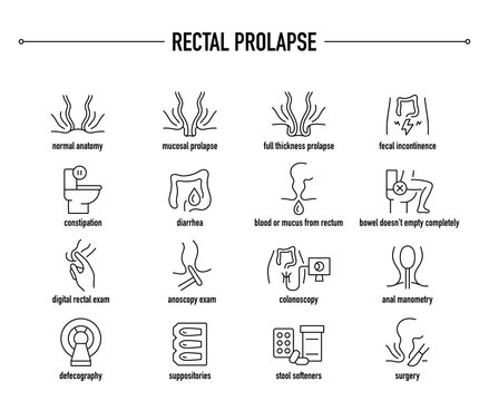 Rectal Prolapse symptoms, diagnostic and treatment vector icon set. Line editable medical icons.