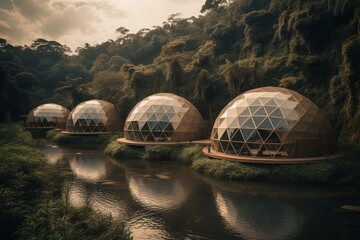 A resort made with geodesic domes in a remote jungle near a river. Generative AI - obrazy, fototapety, plakaty