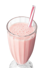 top view of strawberry milkshake in glass with straw isolated on white