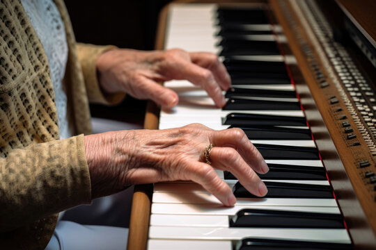 Caucasian elderly woman learning music and playing the musical keyboard. Generative AI