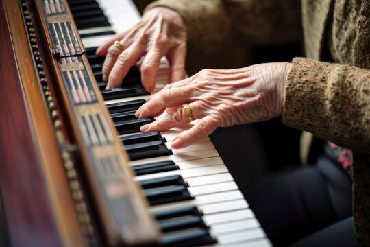 Close-up shot of an elderly menopausal woman playing the piano as a hobby. Generative AI