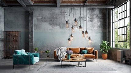 Canvas mockup in loft living room interior, industrial style, 3d render. Generative Ai