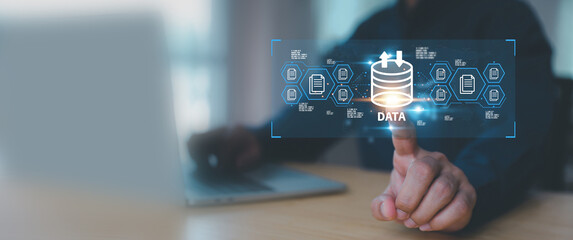 Cloud computing data management technology system for computer network cyber security or database file document transfer and sharing, big data for finance data analytics to growth concepts.