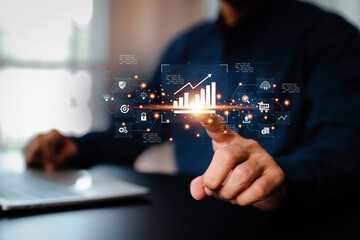 Digital marketing with graph and social media technology for growth planning or internet mobile banking bill payment or online shopping or financial cyber security and customer service concept.