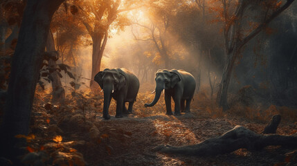 Naklejka na ściany i meble Elephants in the forest. Generative Ai