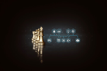 King chess pieces on teamwork with strategy icons concepts of leadership or wining challenge battle fighting of business team player and risk management or human resource or strategic planning.