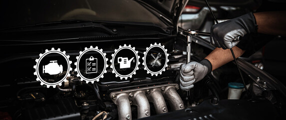 Car care maintenance and servicing, Hand technician auto mechanic using the wrench to fix car or...