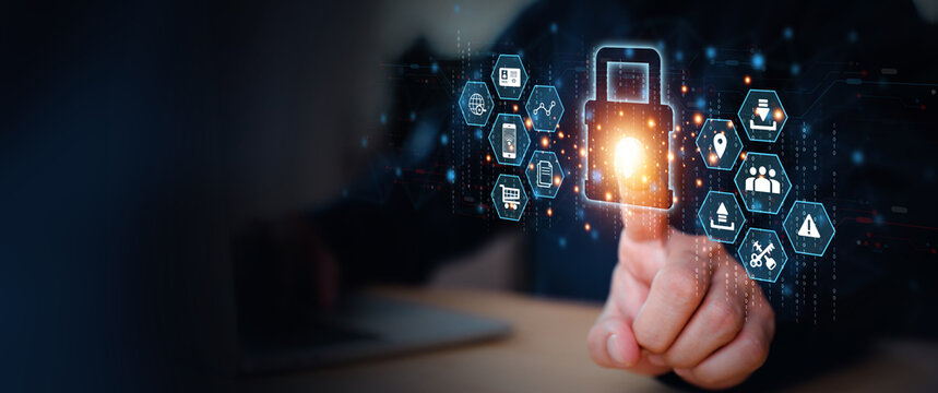 Cyber security data protection online computer network and personal privacy user access key protect and hacker cybercrime prevent or safety storage cloud transfer sharing financial internet banking