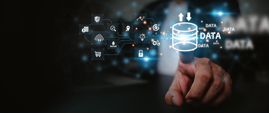 Cloud computing data management technology system for computer network cyber security or database file document transfer and sharing, big data for finance data analytics to growth concepts.