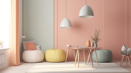 Cozy light home interior mock-up in pastel colors, 3d render. Generative Ai
