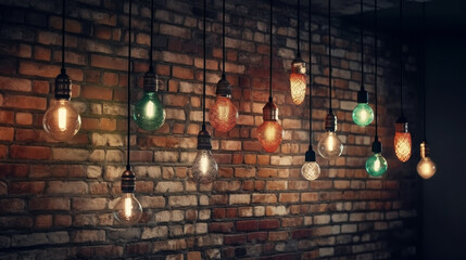 Vintage light bulbs on brick wall background. Generative Ai
