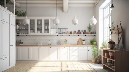 Frame mockup in kitchen room interior, 3d render. Generative Ai