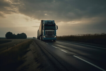 Obraz na płótnie Canvas Modern semi-trailer trucks on the highway. Generative AI