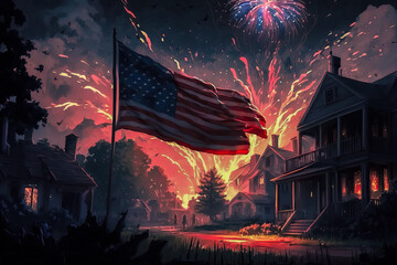 Obraz premium Fireworks and big flag usa at night village. Independence day
