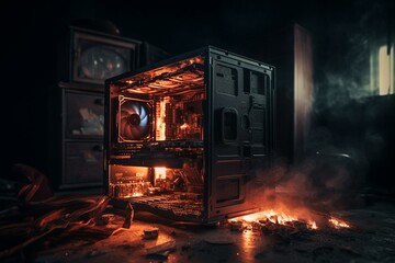 Renovate desktop computers, gaming system illuminated with fiery flames, fiery parts in computer case. Generative AI