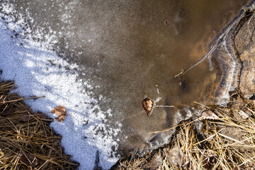 Spring ground covered with thawing snow