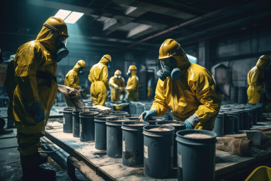 Workers in yellow protective suit and gas masks holding plastic canisters with aggressive materials. Generative AI