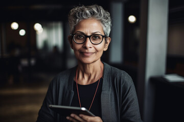 Stylish indian gray haired businesswoman portrait, team leader concept, created with Generative AI Technology