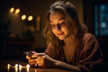 Smiling woman with smartphone sits neat candles in evening, created with Generative AI Technology