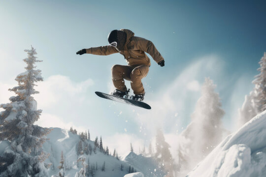 Snowboarder jumping high in the air. Generative AI