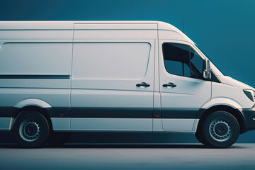 Delivery white van with space for text on blue background. Generative AI