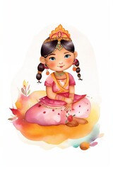 beautiful watercolor indian princess, fairytale, clipart illustration, isolated on white. Generative AI