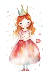 beautiful watercolor princess with ginger hair, fairytale, clipart illustration, isolated on white. Generative AI