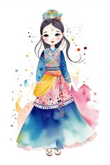 beautiful watercolor asian princess, fairytale, clipart illustration, isolated on white. Generative AI