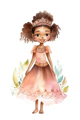 beautiful watercolor black princess, beautiful african american girl vector art, fairytale, clipart illustration, isolated on white. Generative AI