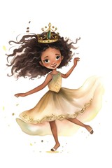 beautiful watercolor black princess dancing, african american girl dancing, fairytale vector art, clipart illustration, isolated on white. Generative AI