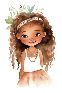 beautiful watercolor black girl waring a tutu and headband, fairytale princess, clipart illustration, isolated on white. Generative AI